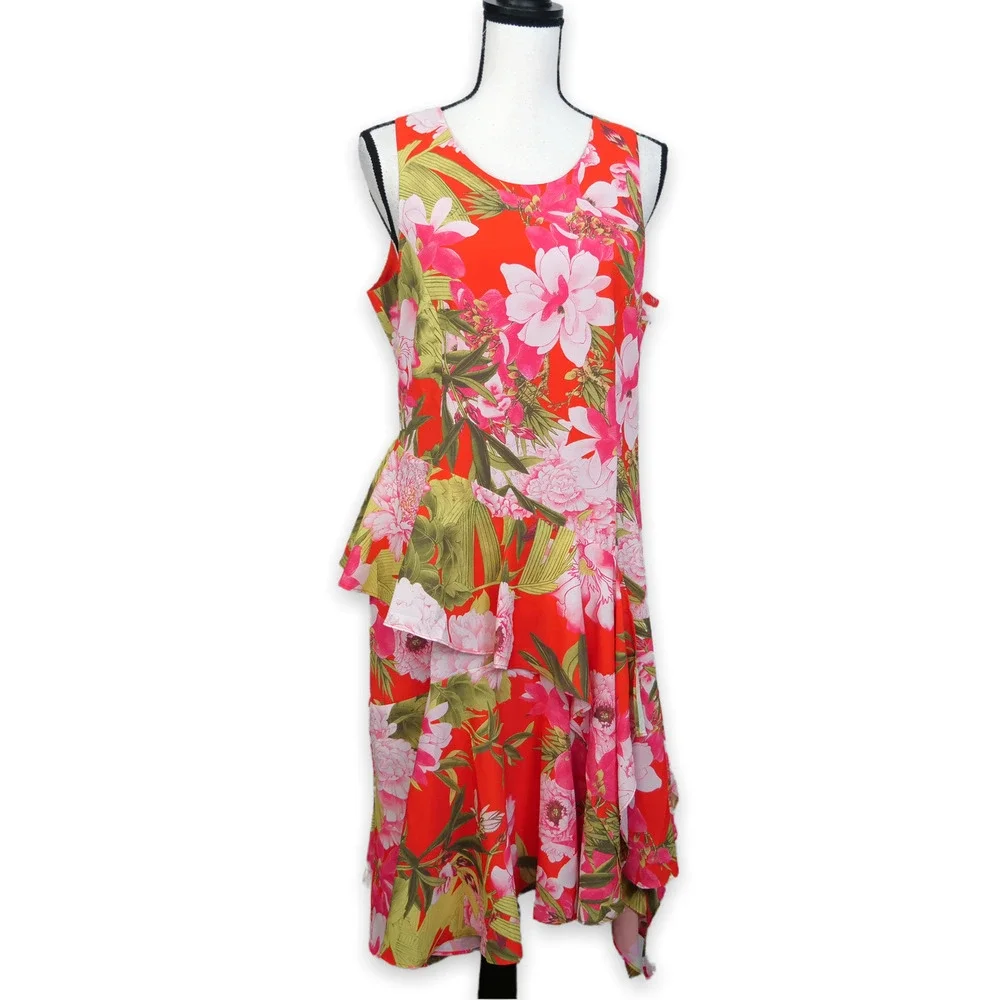 N Natori Asymmetrical Ruffle Tropical Dress Medium Size 8 NWOT Floral - Picture 2 of 11